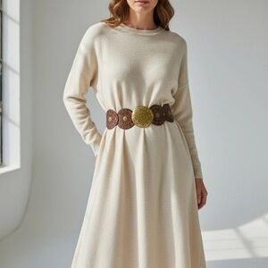 VINTAGE Brown Leather Belt Tassel Large Round Buckle Gold‎ Boho Statement Womens